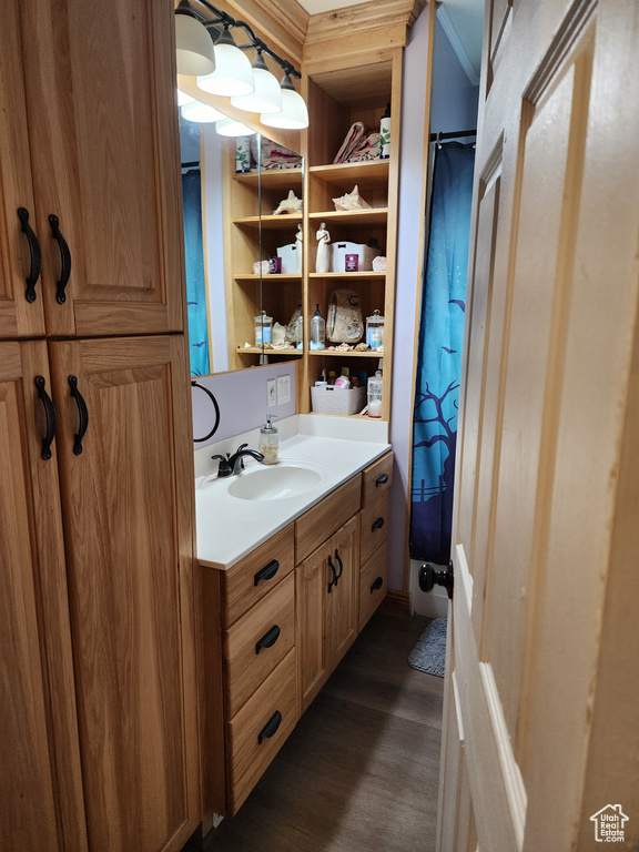 Bathroom with hardwood / wood-style floors and vanity