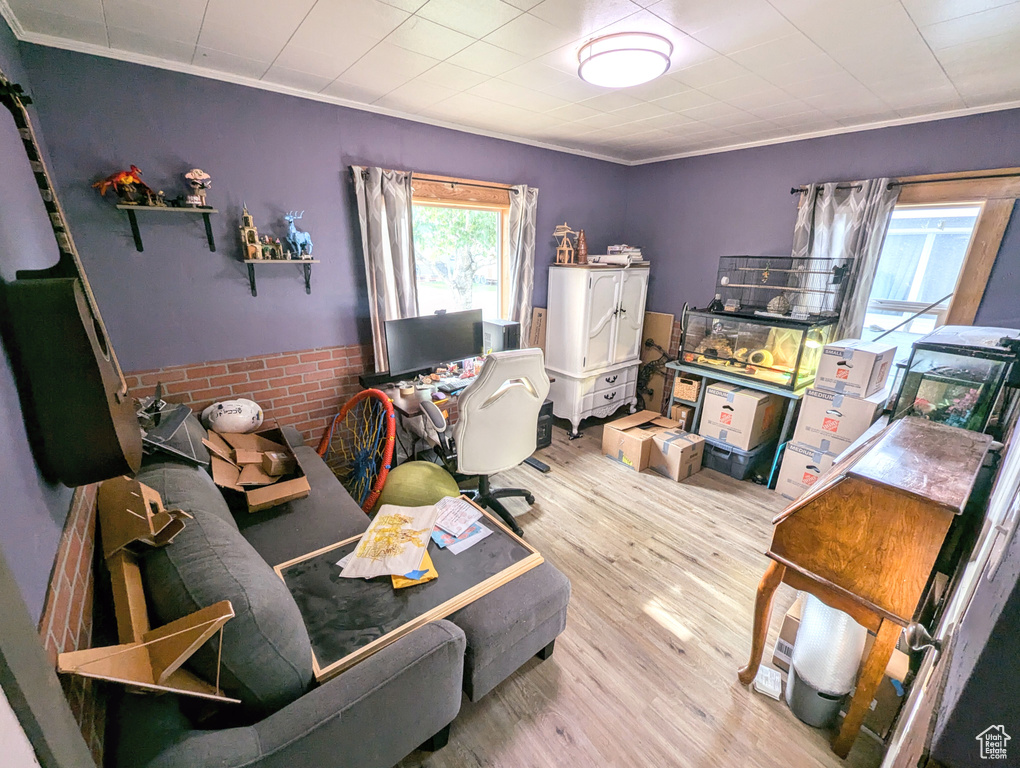 Office area featuring light hardwood / wood-style flooring and crown molding