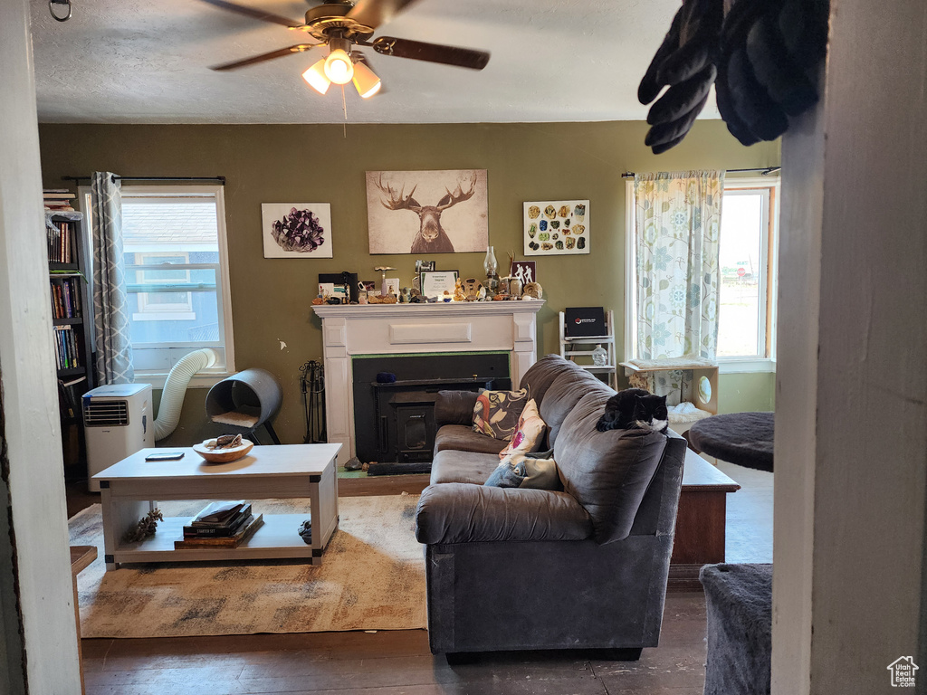 Living room with ceiling fan and dark wood-type flooring