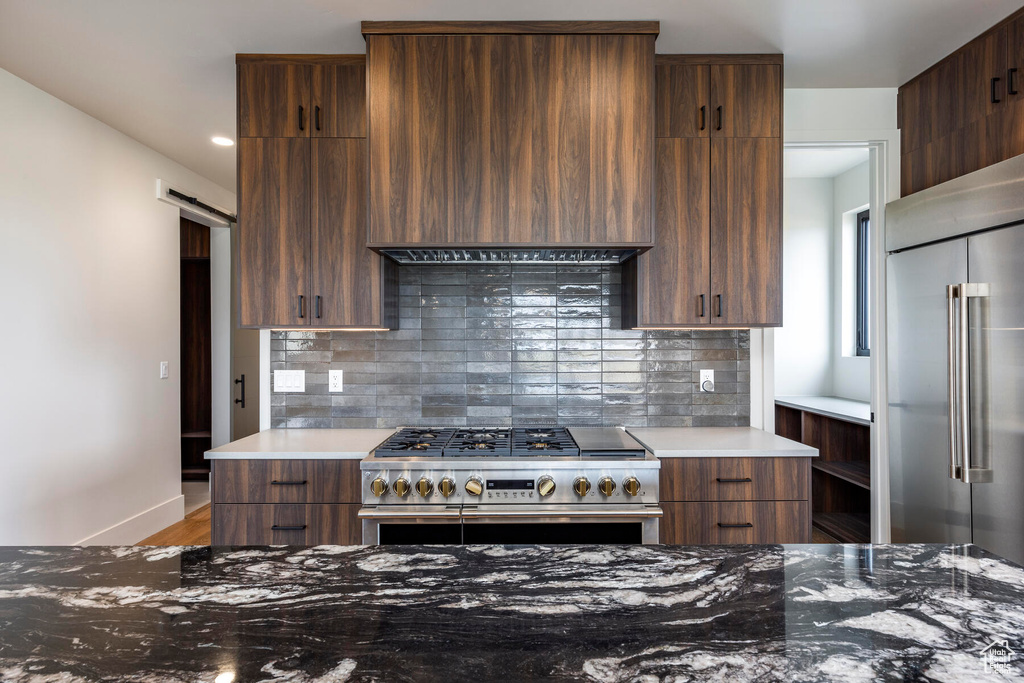 Kitchen with decorative backsplash, light hardwood / wood-style flooring, premium appliances, and a barn door