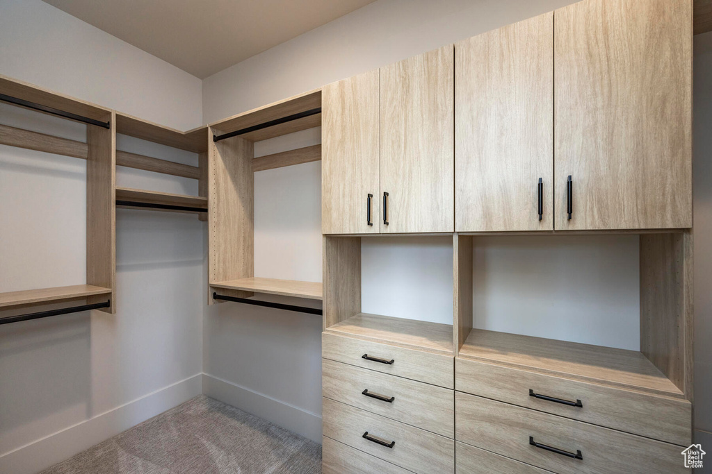 Walk in closet featuring light carpet