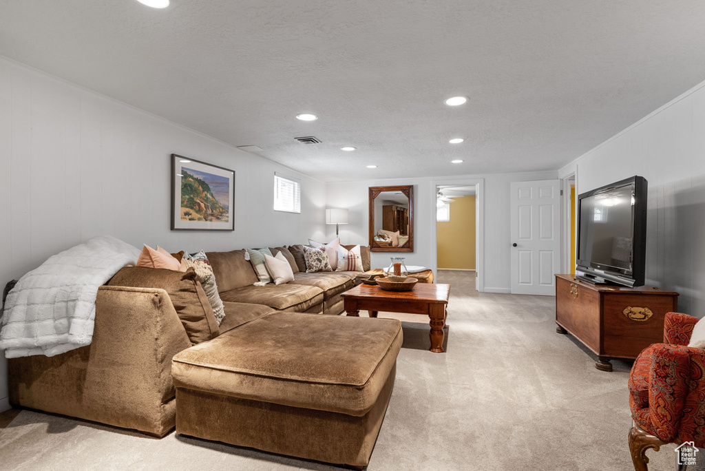 Living room featuring light colored carpet and crown molding