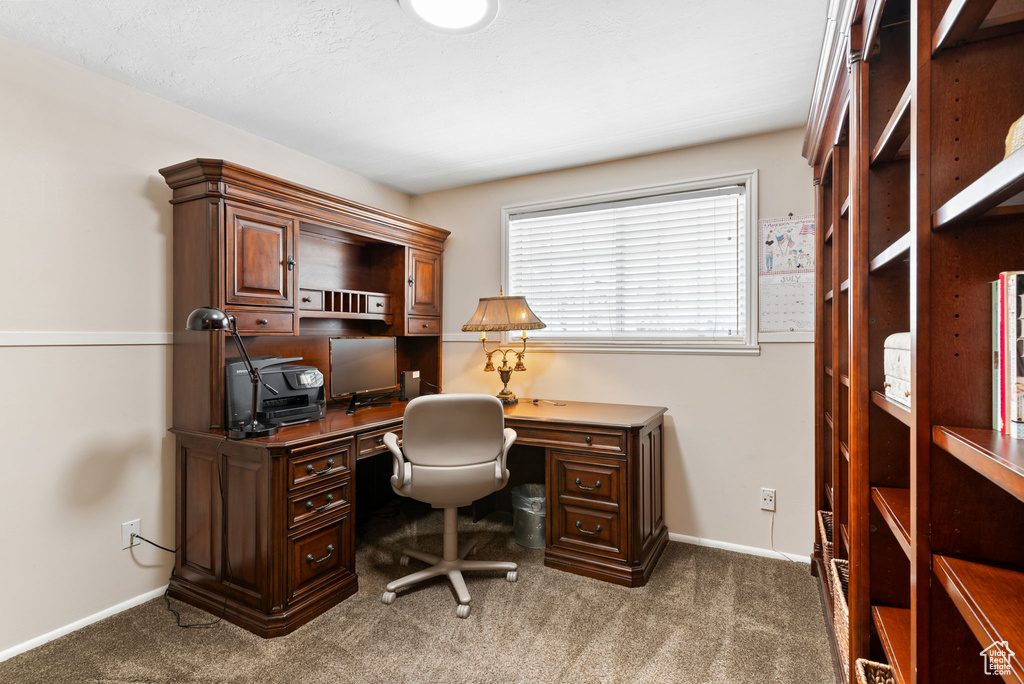 Office space featuring light colored carpet