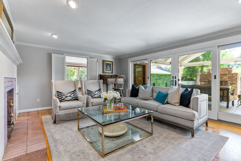 Living room featuring a fireplace, french doors, crown molding, and light hardwood / wood-style floors