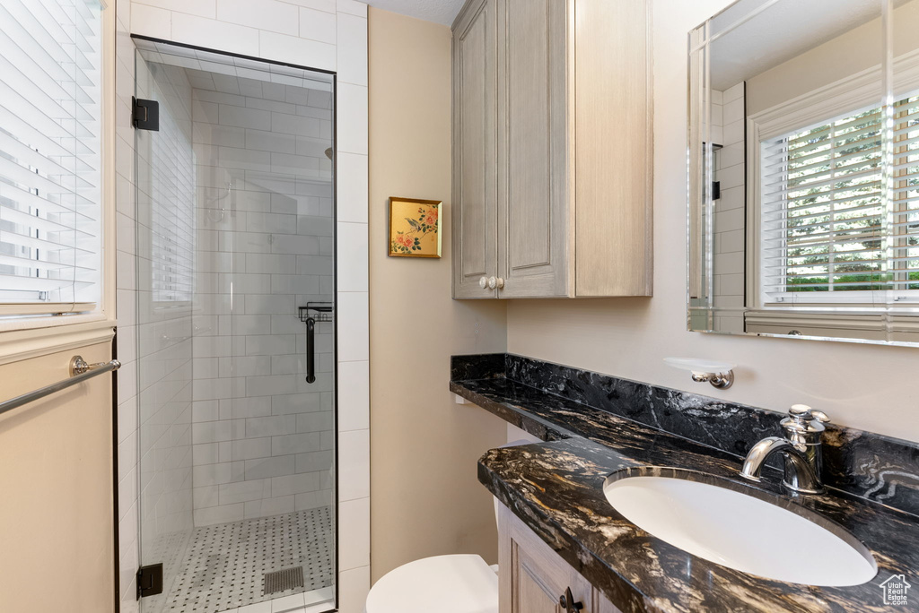 Bathroom featuring vanity, walk in shower, and toilet