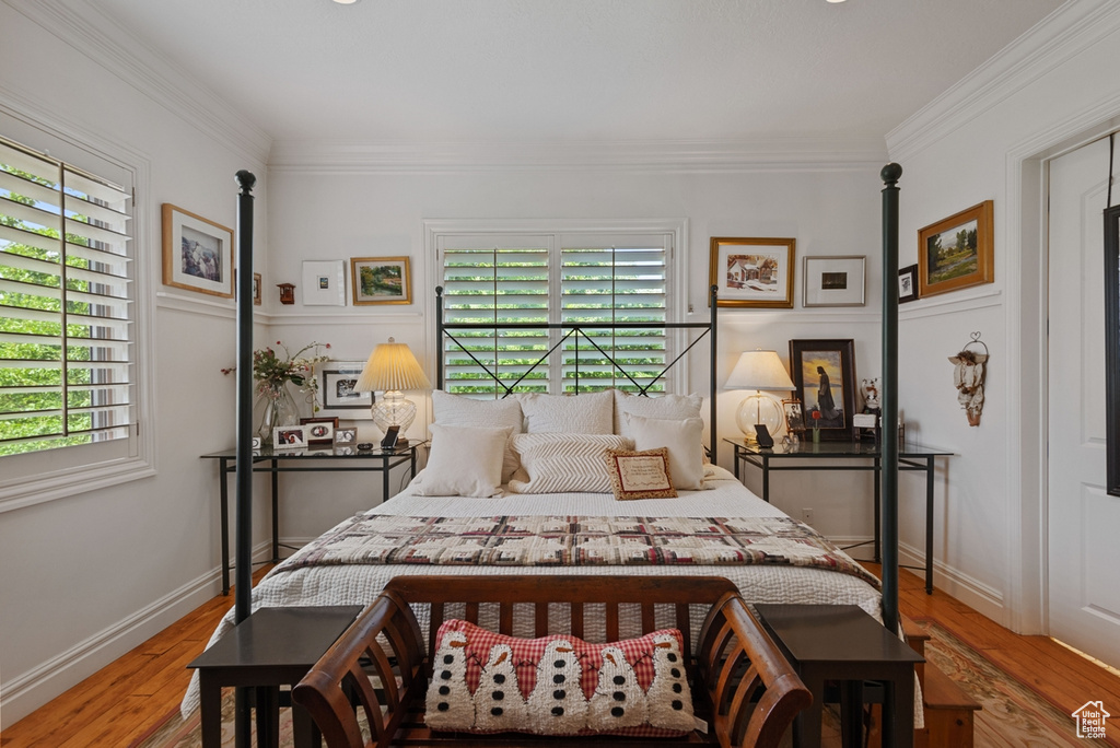 Bedroom featuring crown molding, hardwood / wood-style flooring, and multiple windows