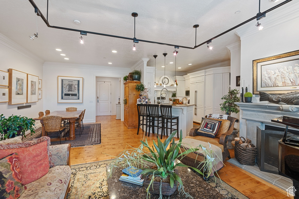 Living room with light hardwood / wood-style floors, track lighting, a tiled fireplace, and crown molding