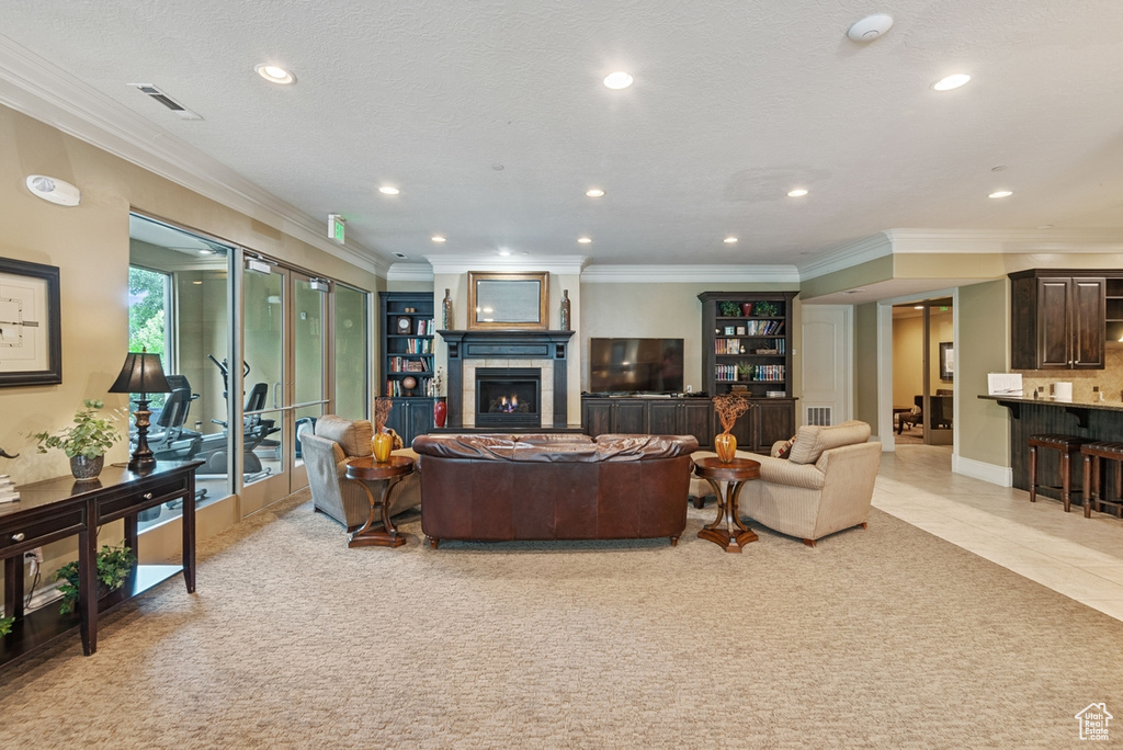 Living room featuring a textured ceiling, crown molding, and light carpet