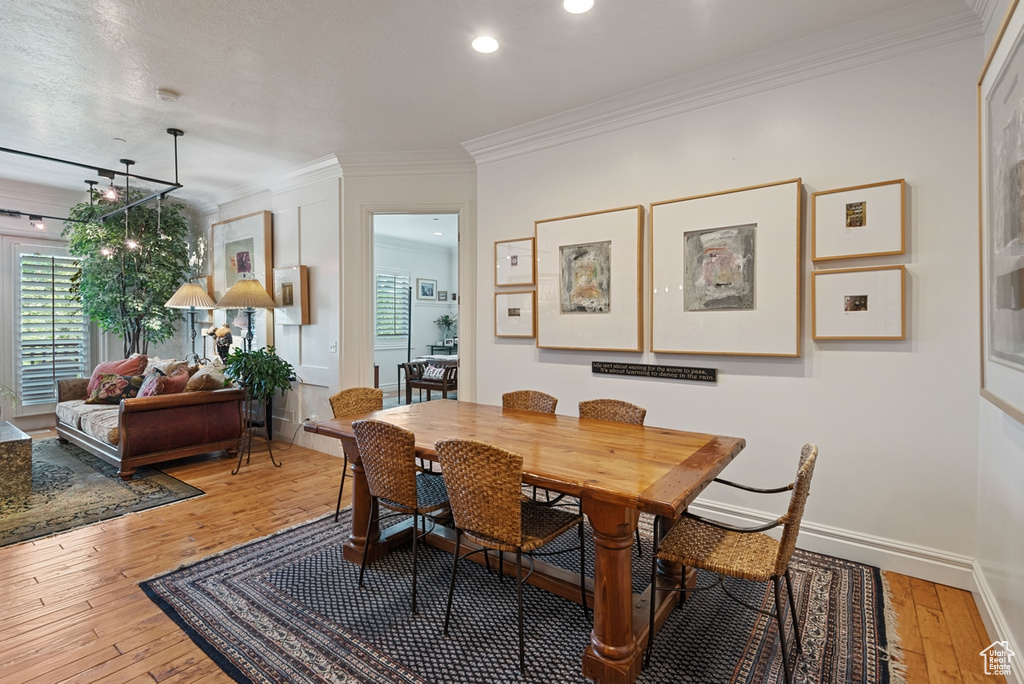 Dining room with ornamental molding and wood-type flooring