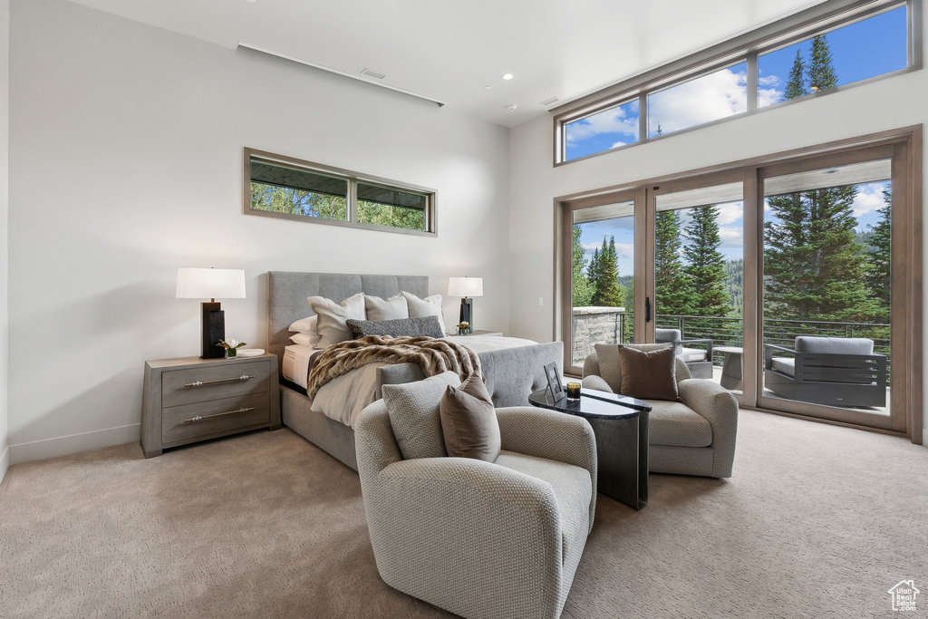 Carpeted bedroom featuring multiple windows, access to exterior, and a high ceiling