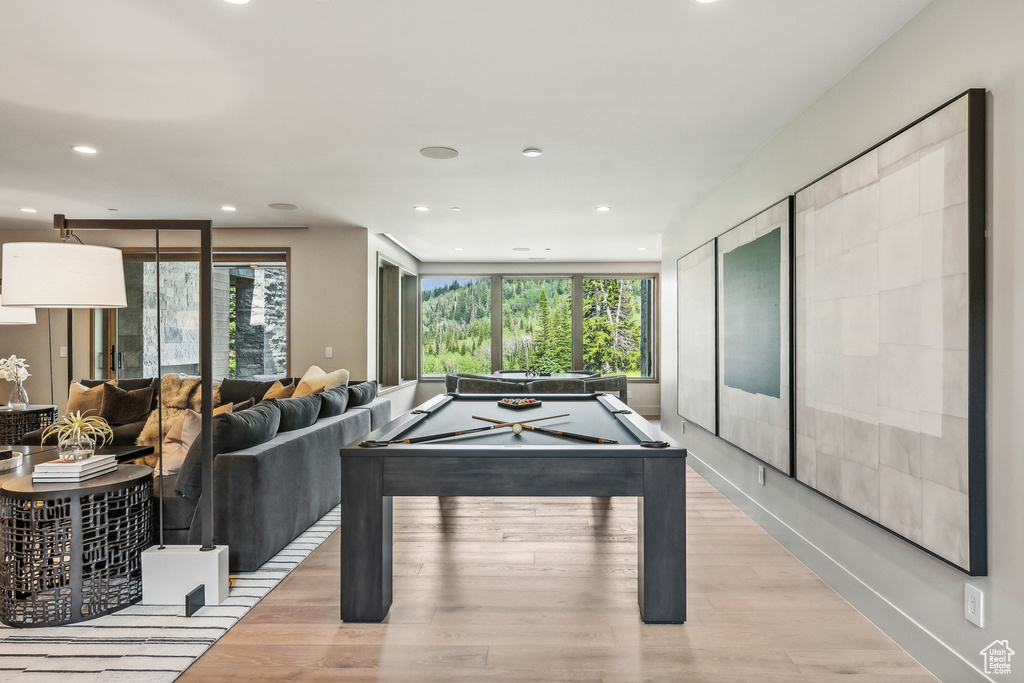 Game room featuring light hardwood / wood-style floors and pool table