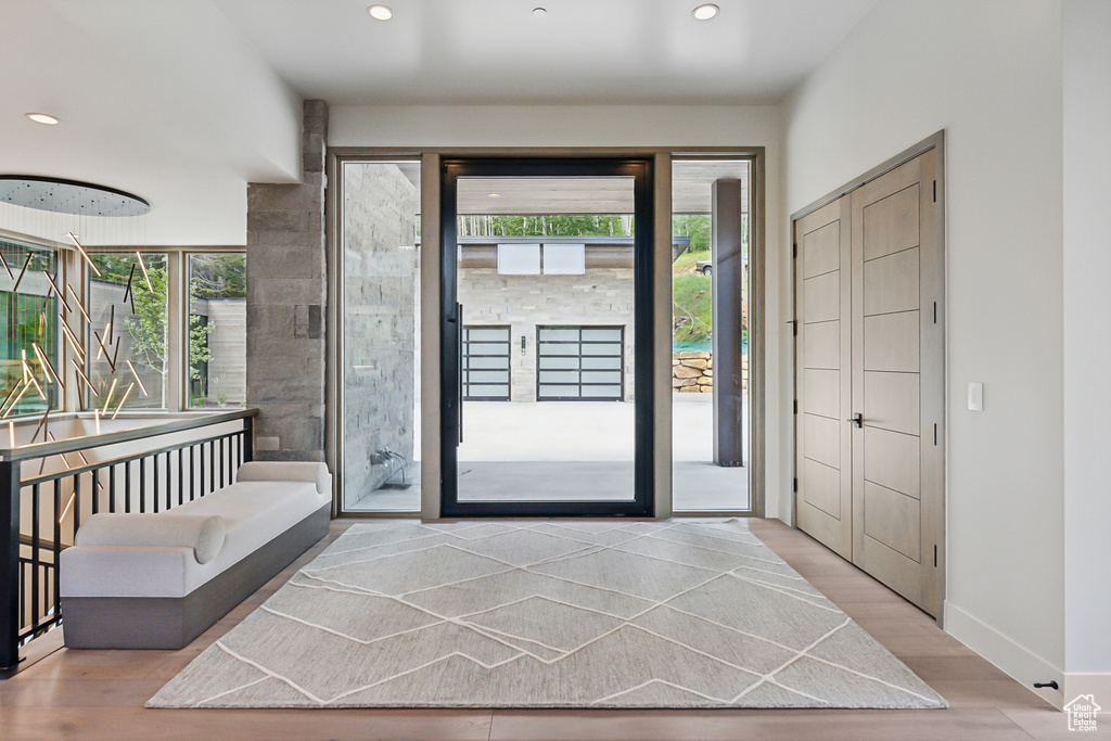 Foyer entrance with light wood-type flooring