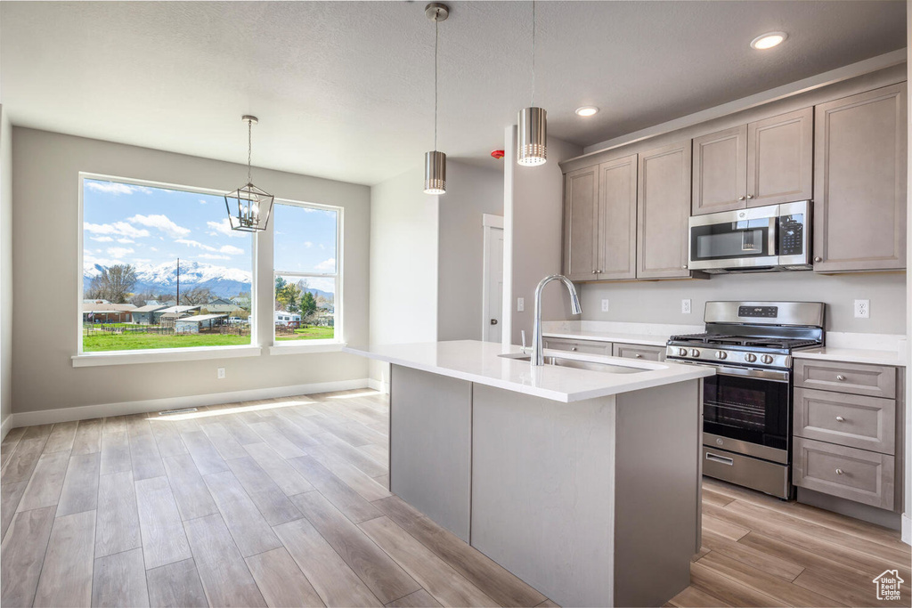 Kitchen with a center island with sink, light hardwood / wood-style floors, hanging light fixtures, appliances with stainless steel finishes, and sink