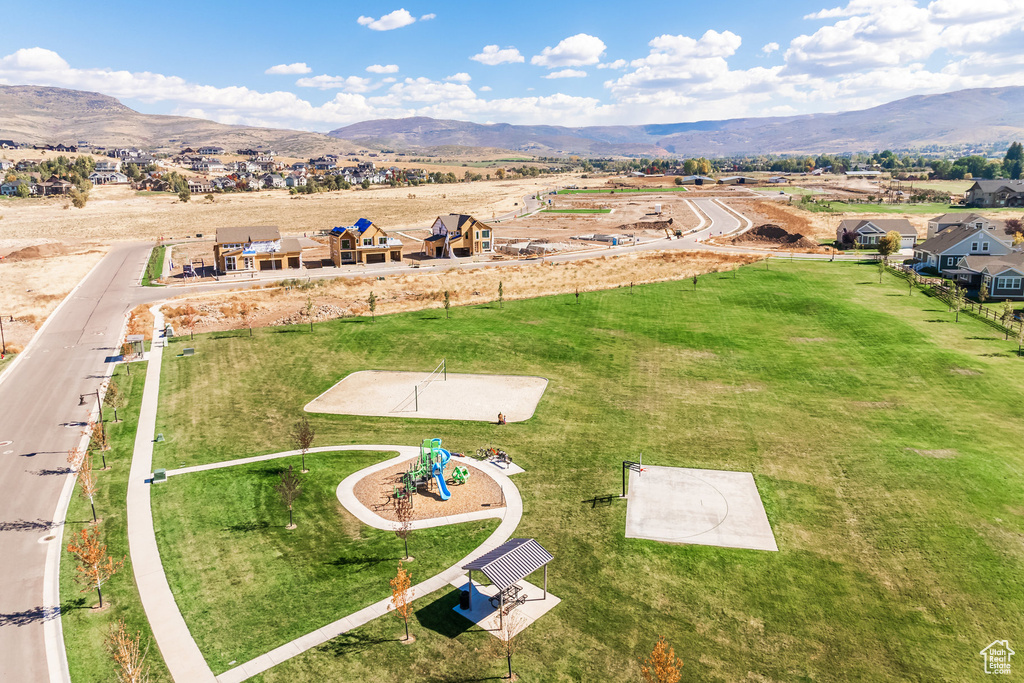 Aerial view featuring a mountain view