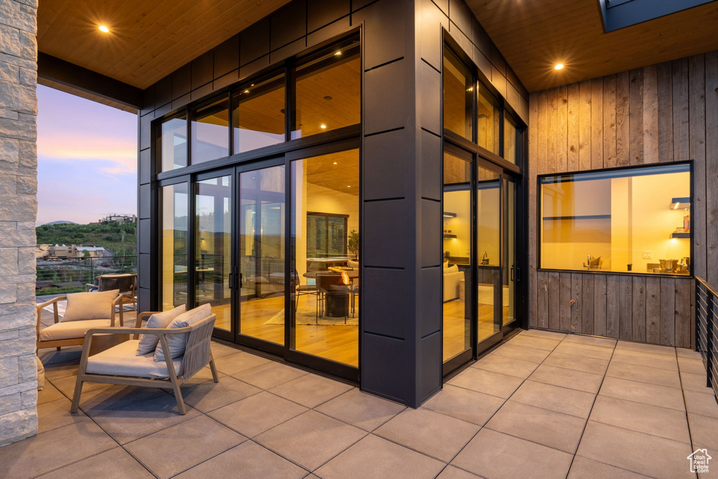 View of patio terrace at dusk