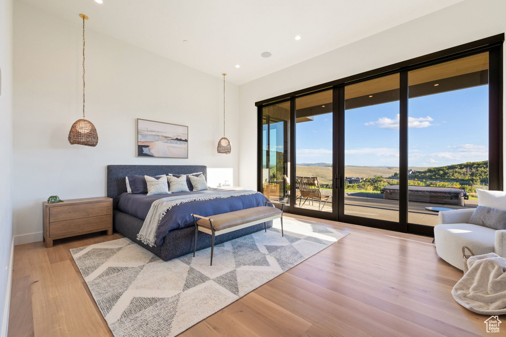 Bedroom featuring light hardwood / wood-style floors and access to outside