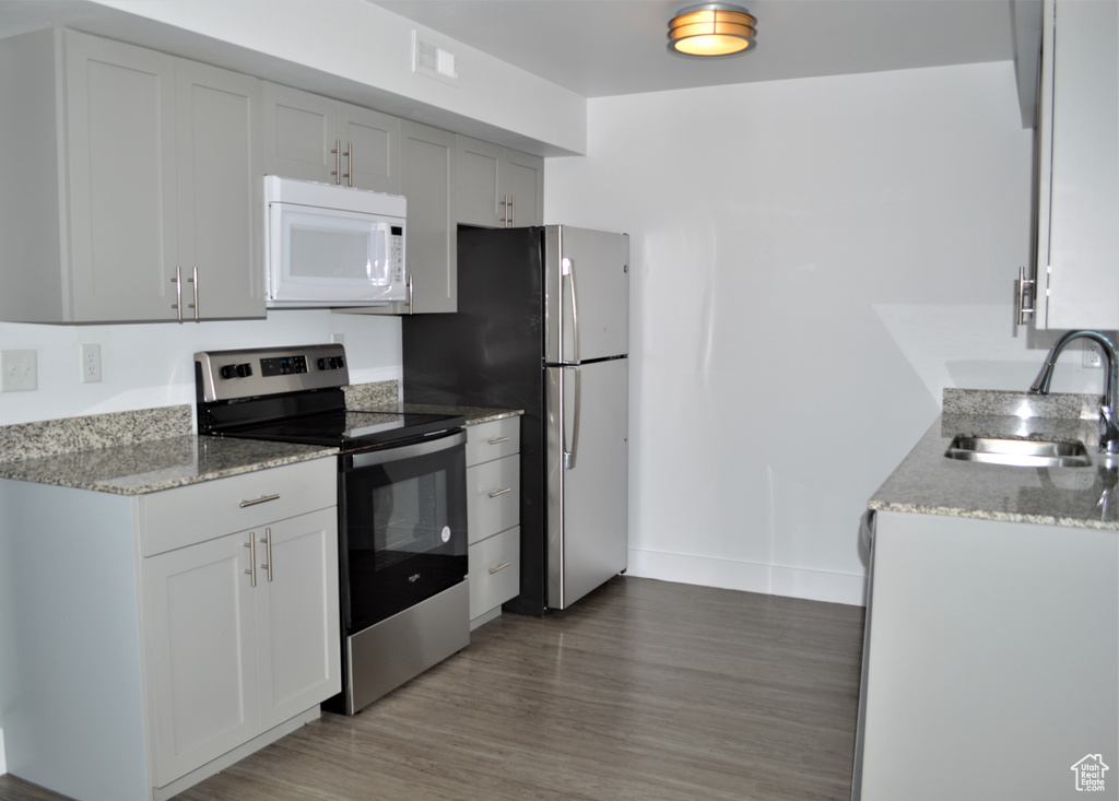 Kitchen with wood-type flooring, light stone counters, stainless steel appliances, and sink