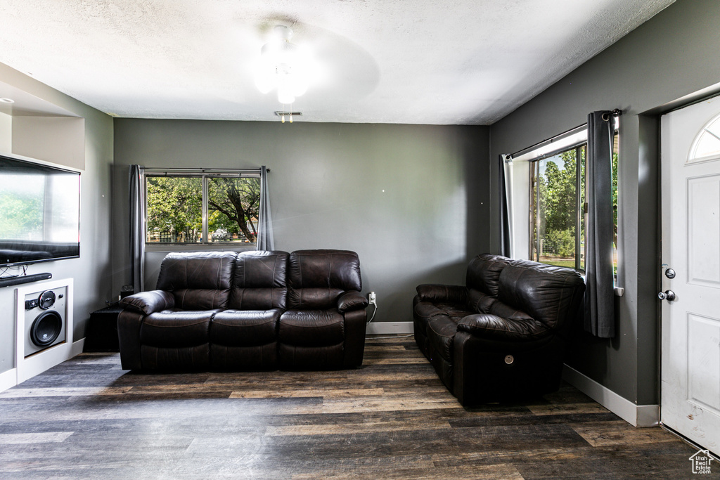 Living room with ceiling fan and dark hardwood / wood-style flooring