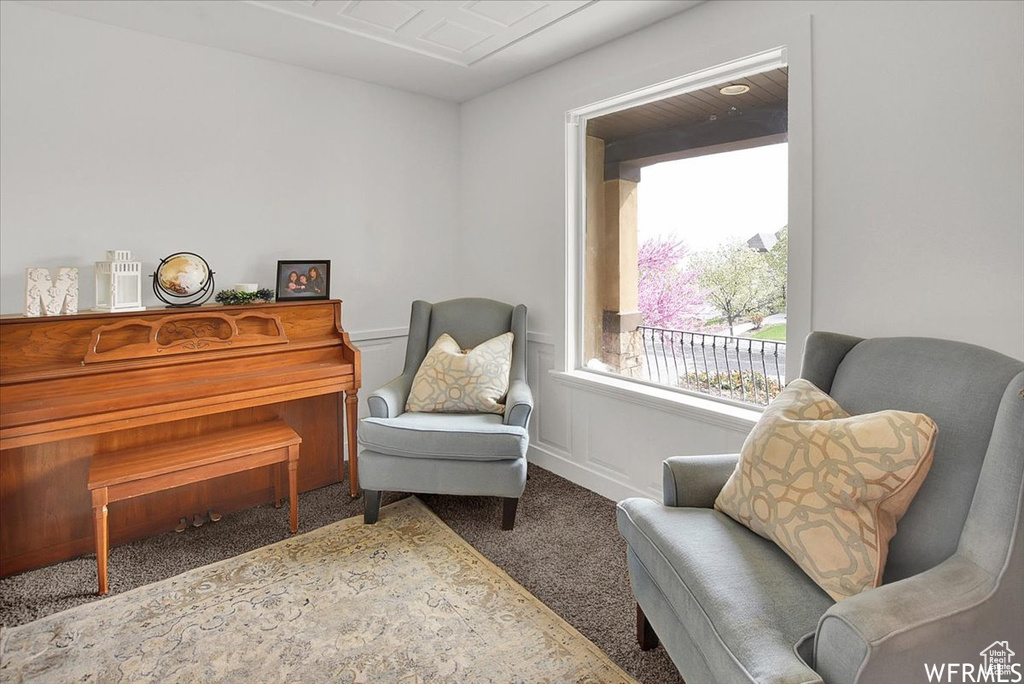 Sitting room with carpet flooring