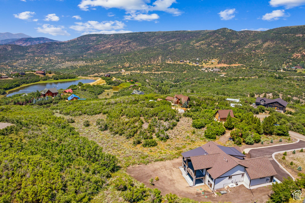 Aerial view with a water and mountain view