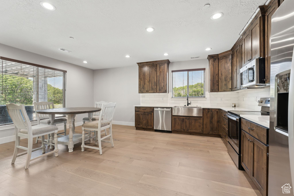 Kitchen with backsplash, light hardwood / wood-style floors, appliances with stainless steel finishes, and sink