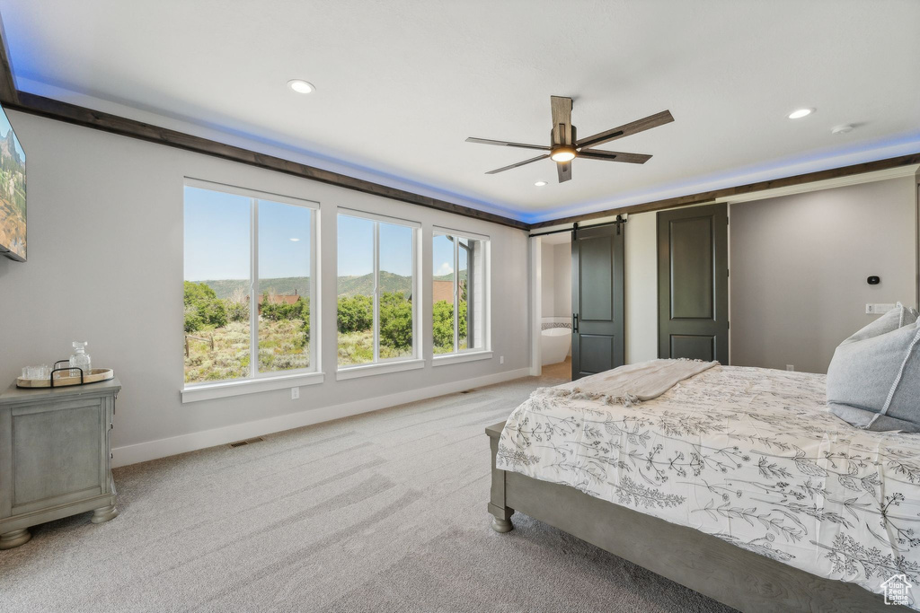 Carpeted bedroom featuring a barn door, multiple windows, and ceiling fan