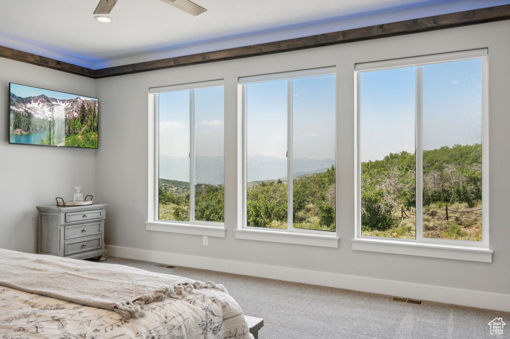 Bedroom with carpet floors and ceiling fan