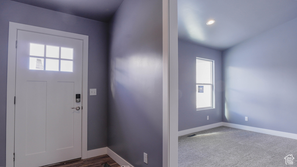 Carpeted foyer entrance with a healthy amount of sunlight