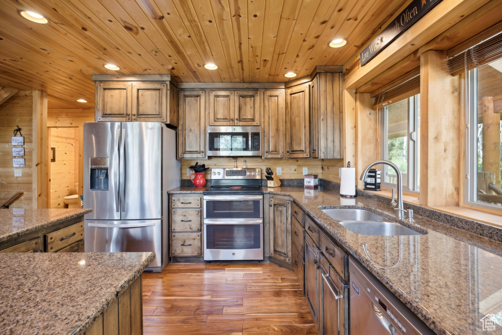 Kitchen featuring stainless steel appliances, hardwood / wood-style floors, sink, wood walls, and wooden ceiling