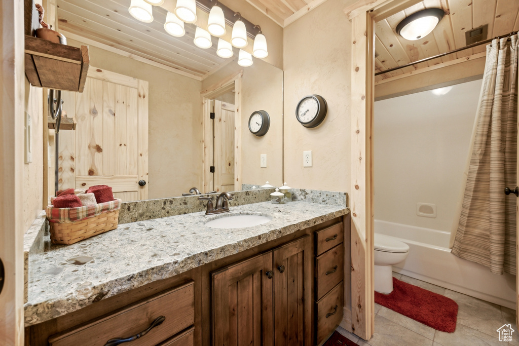 Full bathroom featuring vanity, wooden ceiling, toilet, and shower / bath combination with curtain