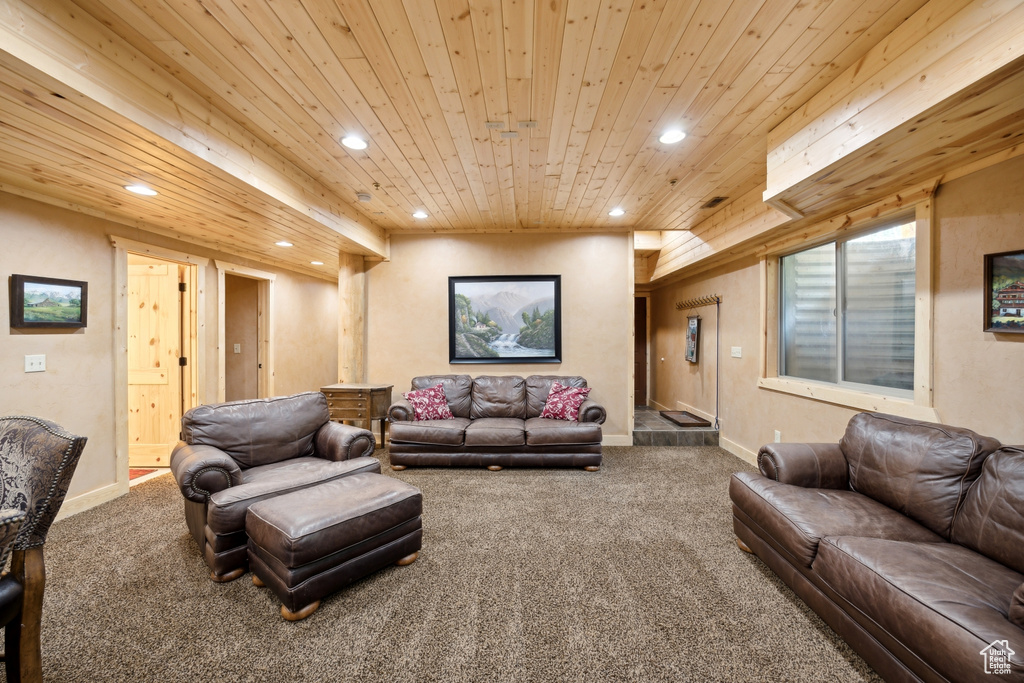 Living room featuring carpet flooring and wooden ceiling