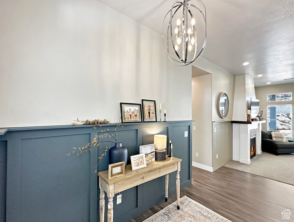 Interior space featuring an inviting chandelier