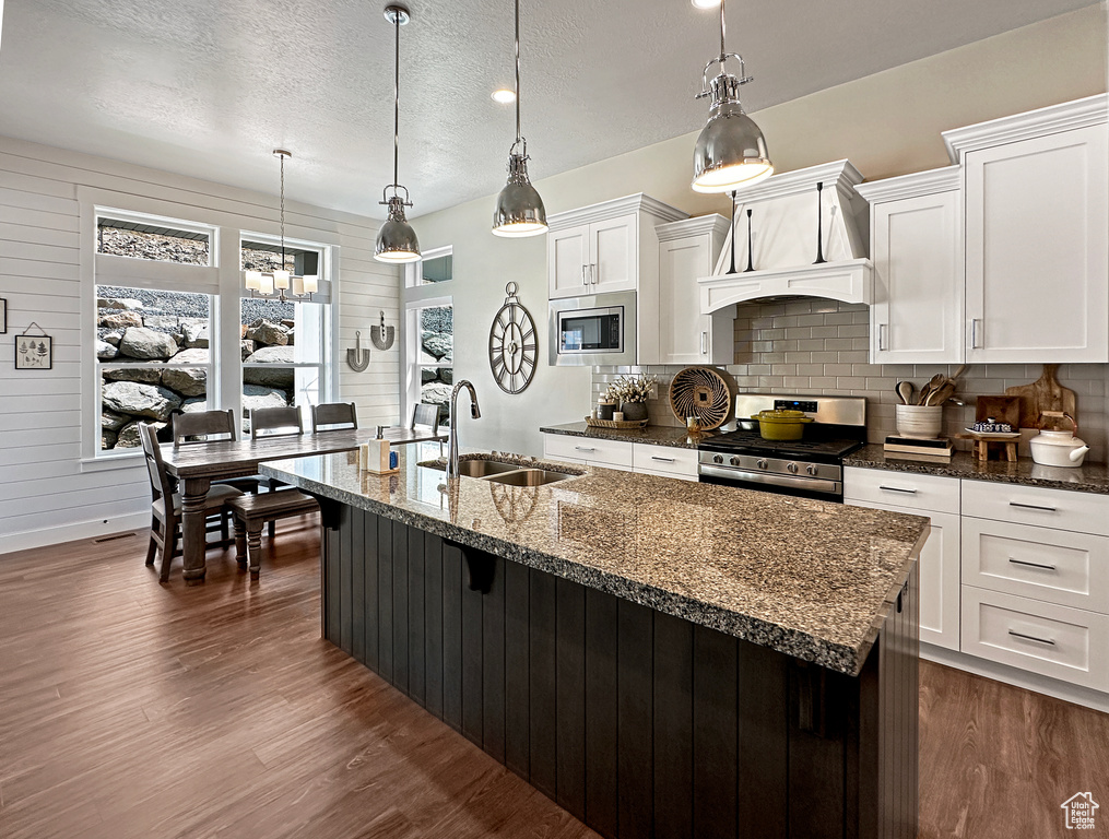 Kitchen featuring custom exhaust hood, stainless steel appliances, decorative backsplash, sink, and dark wood-type flooring