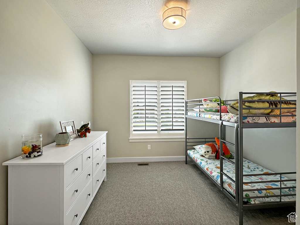 Bedroom with carpet flooring and a textured ceiling