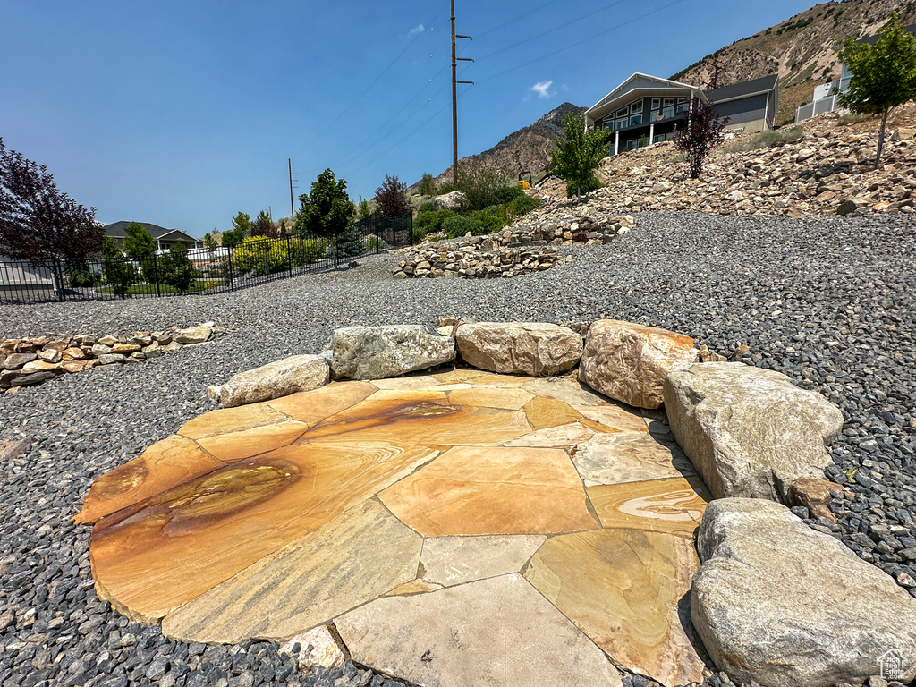 View of patio with a mountain view