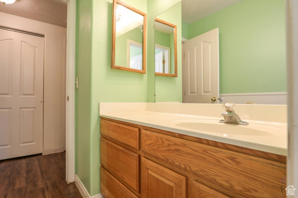 Bathroom with vanity and wood-type flooring