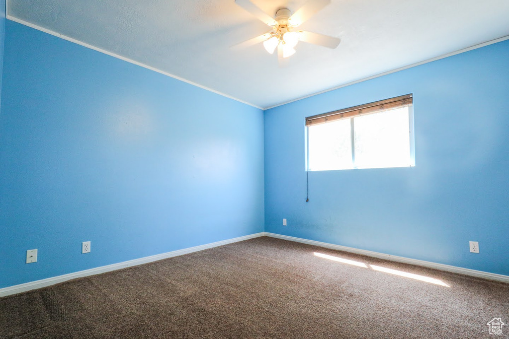 Carpeted empty room with ceiling fan