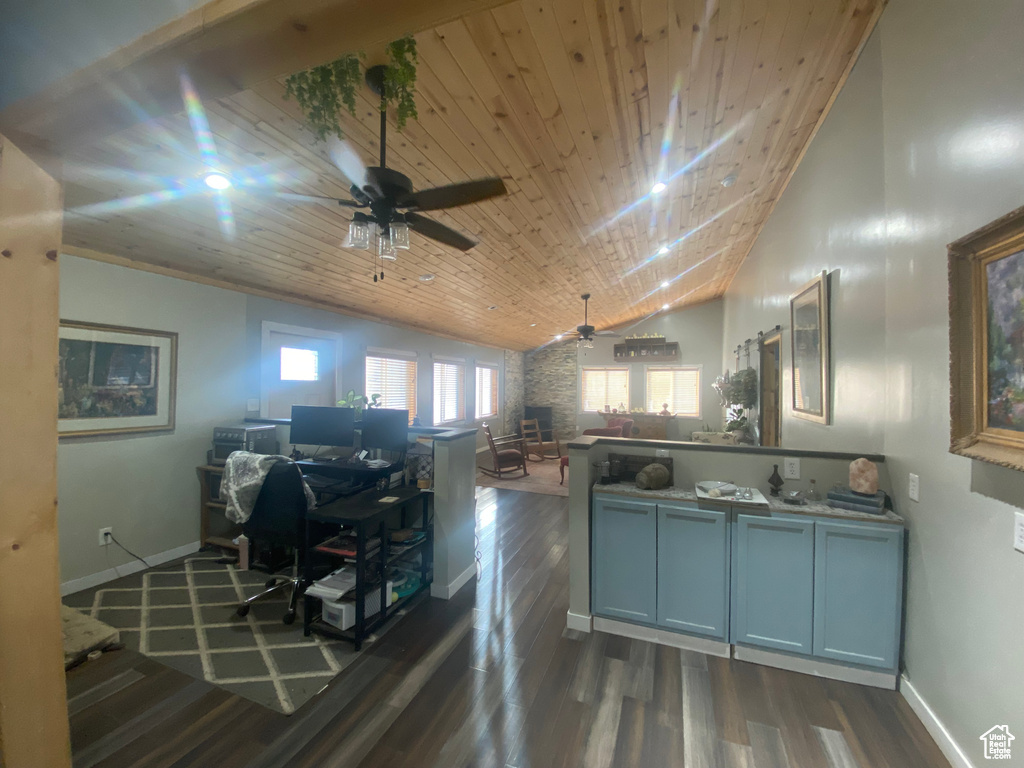 Kitchen with wood ceiling, dark hardwood / wood-style floors, ceiling fan, and vaulted ceiling