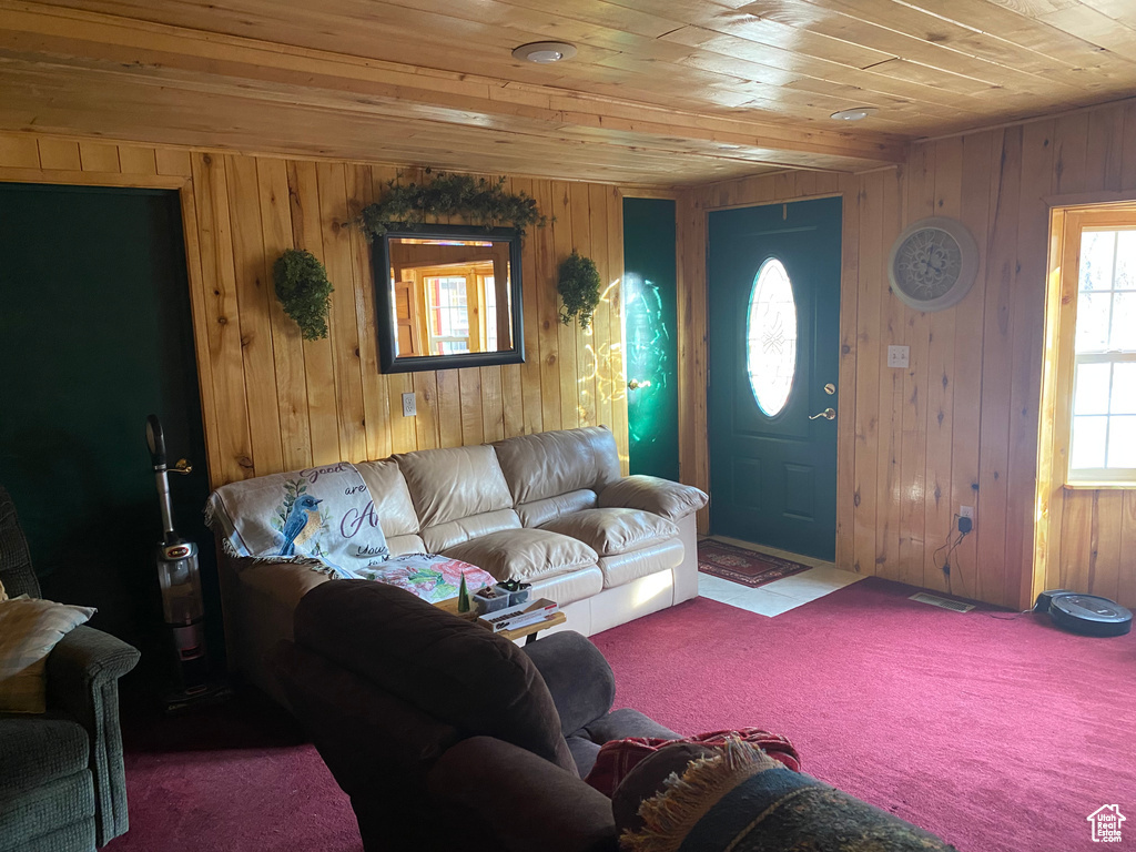 Carpeted living room with wood ceiling and wood walls