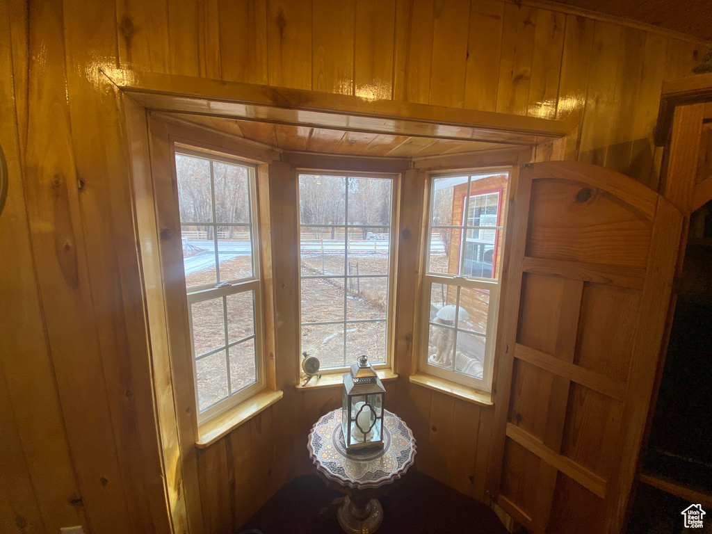 Interior space featuring wooden walls