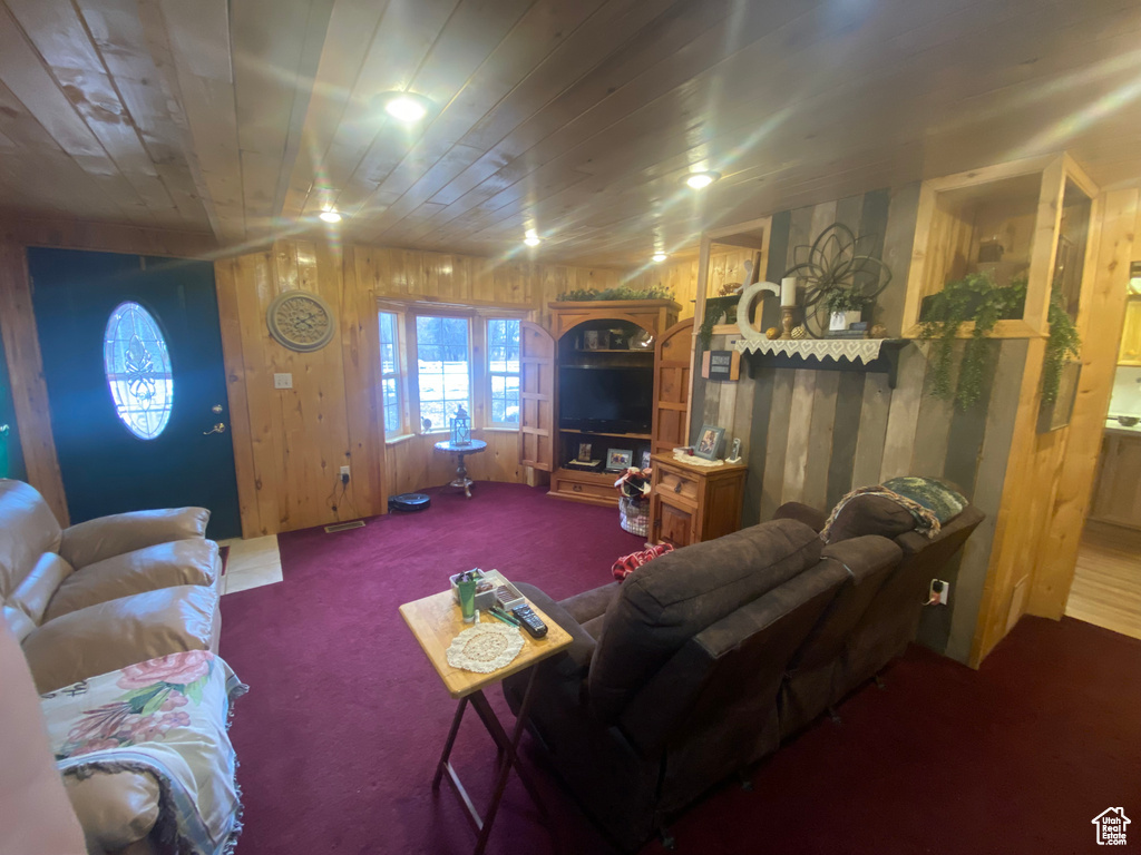 Carpeted living room featuring wood walls