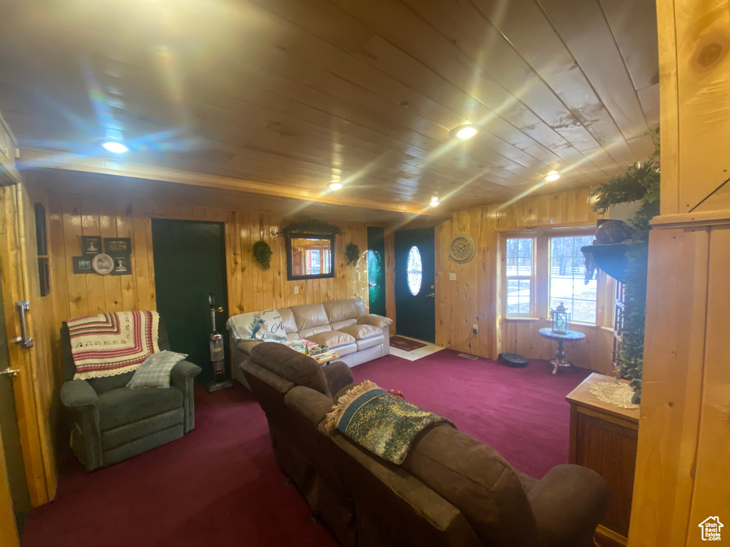 Carpeted living room with wooden walls