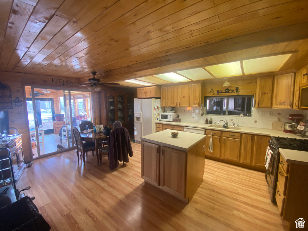 Kitchen featuring light hardwood / wood-style flooring, white appliances, sink, a kitchen island, and wooden ceiling