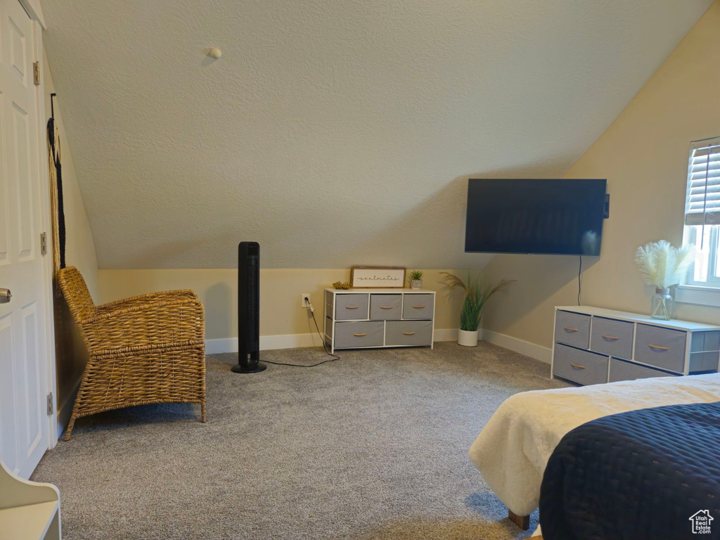 Bedroom with lofted ceiling, light carpet, and a textured ceiling