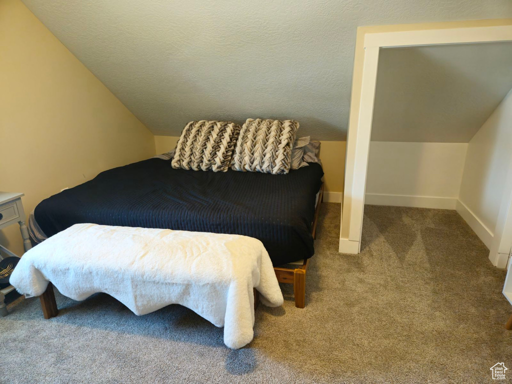 Carpeted bedroom featuring lofted ceiling and a textured ceiling