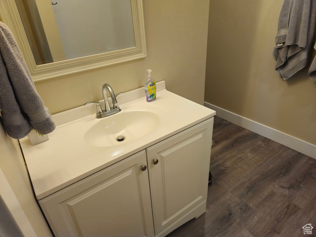 Bathroom with vanity and wood-type flooring