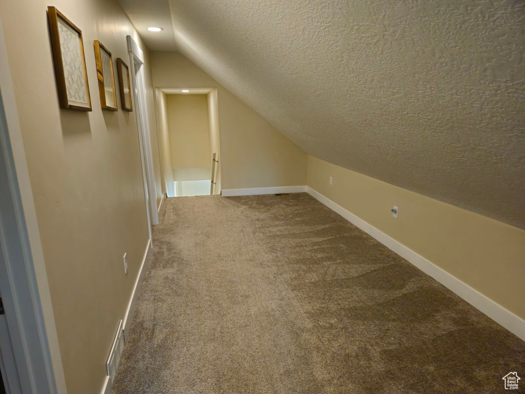 Bonus room with carpet flooring, vaulted ceiling, and a textured ceiling