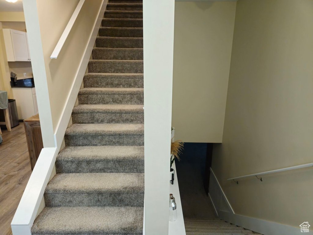 Stairs with hardwood / wood-style floors