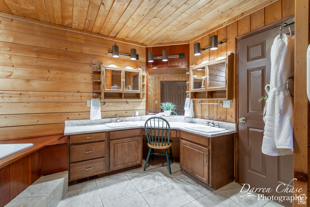 Bathroom featuring a washtub, wooden ceiling, and wooden walls