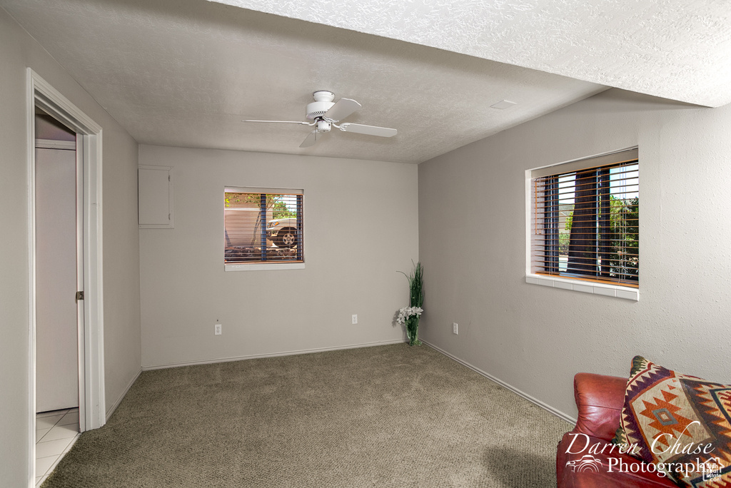 Interior space featuring ceiling fan, a wealth of natural light, and a textured ceiling